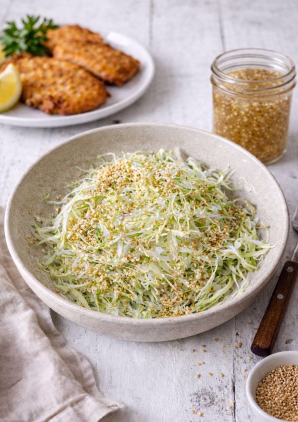 Sesame green cabbage slaw in a beige bowl topped with toasted sesame seeds, with crispy chicken schnitzel, lemon wedges, and parsley in the background on a white timber surface.