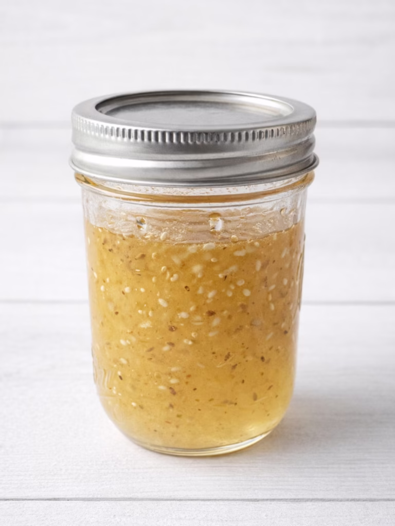 Sesame vinegar dressing in a jar for on a white timber background