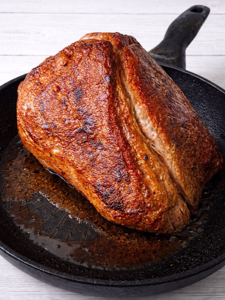 Beef bolar blade roast browning in a pan before slow cooking