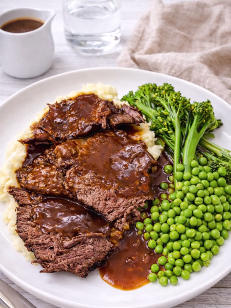 Slow cooker beef bolar blade with gravy served on mashed potatoes with peas and broccolini, with extra gravy in a jug