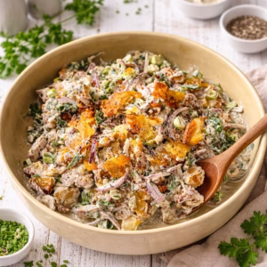 Creamy smashed potato salad with crispy potatoes, herbs, red onion, and dressing in a beige bowl on a white timber background.