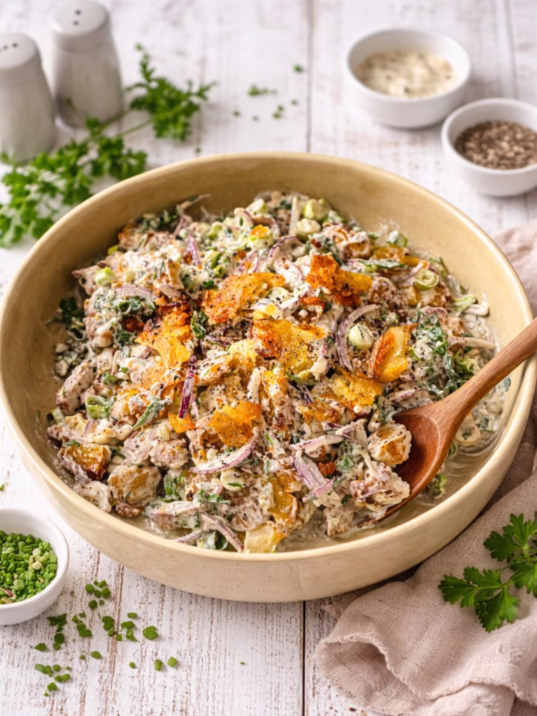 Creamy smashed potato salad with crispy potatoes, herbs, red onion, and dressing in a beige bowl on a white timber background.