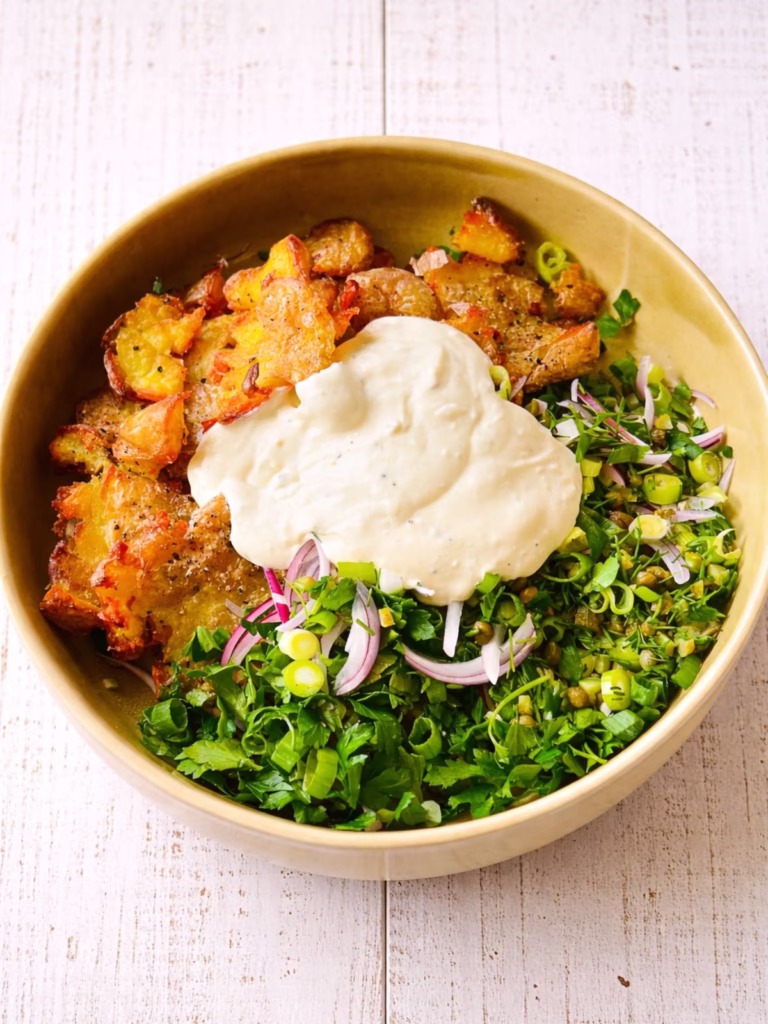 Roasted smashed potatoes, fresh herbs, red onion, and creamy dressing in a bowl on a white timber background.