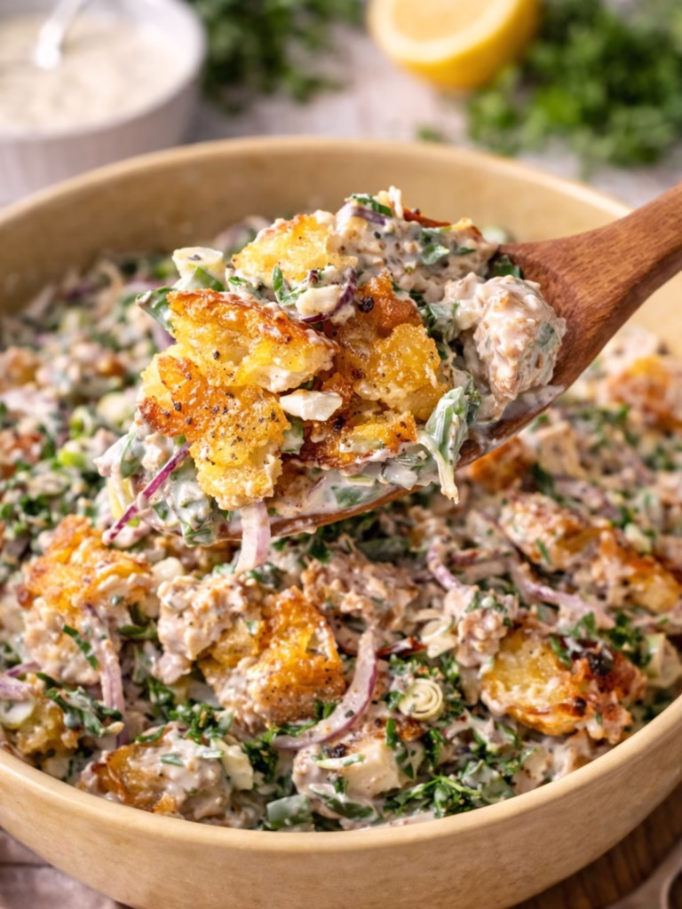 Close up of smashed potato salad being scooped on a wooden spoon showing crispy potatoes, herbs, red onion, and creamy dressing.