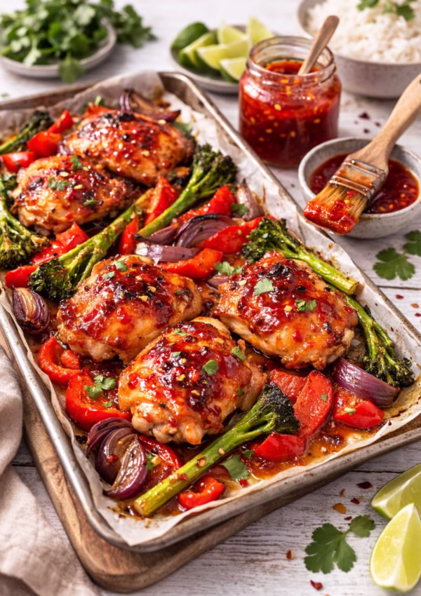 Sticky chilli jam chicken thighs baked on a sheet pan with roasted broccolini, red capsicum and red onion, brushed with glossy sweet chilli glaze and garnished with fresh coriander and lime wedges.