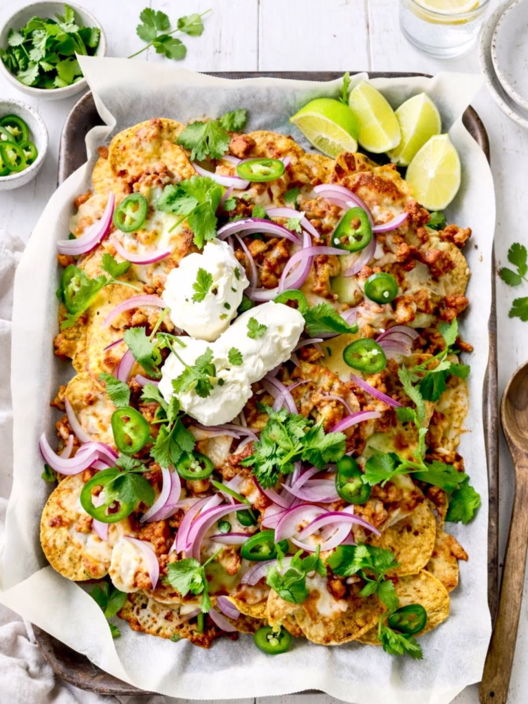 Sticky chicken mince nachos on a tray with melted cheese, sour cream, jalapeños, red onion, coriander, and lime wedges on a white timber background
