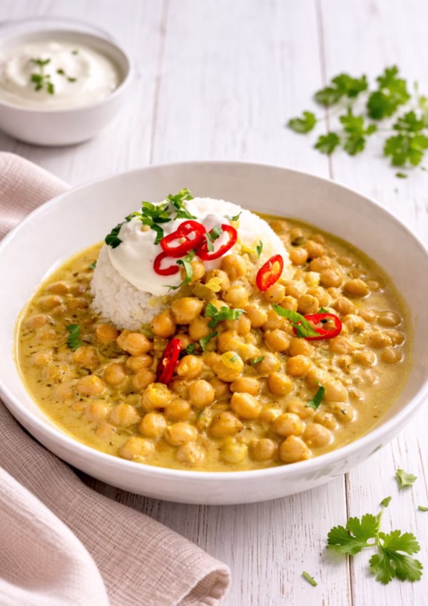 5 ingredient chickpea curry served with white rice, topped with yogurt, fresh coriander, and red chilli in a white bowl on a light timber background