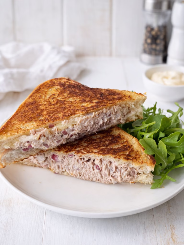 Tuna melt toastie cut in half on a white plate with rocket, showing a creamy tuna filling and golden toasted bread