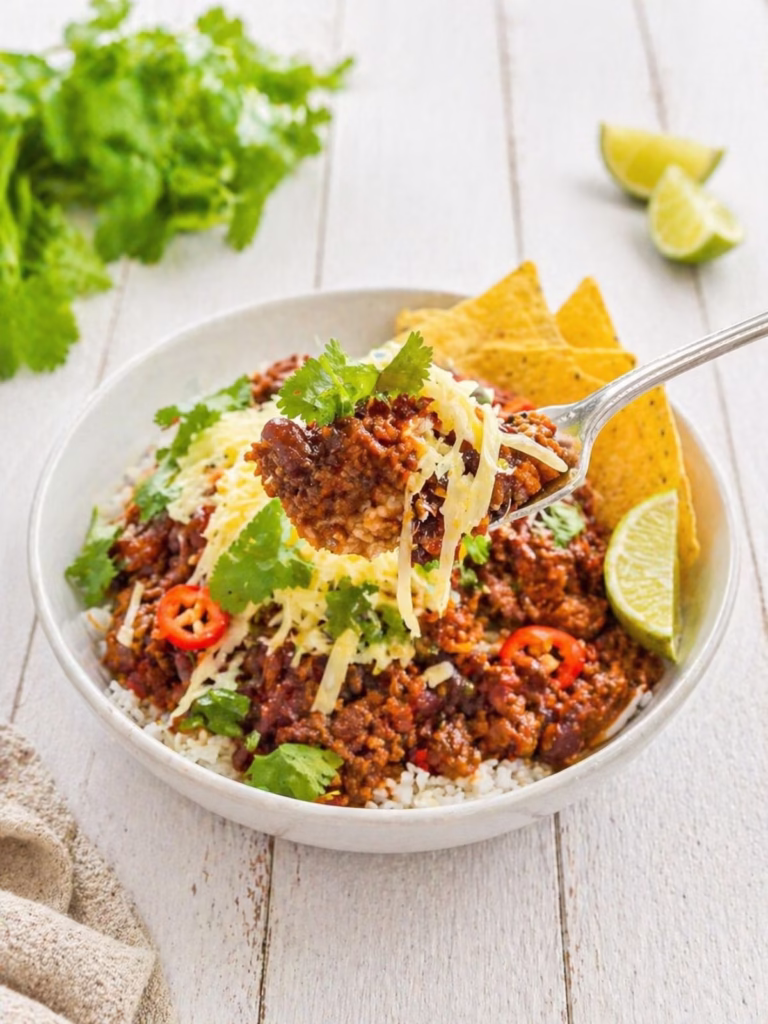 chilli con carne on a fork action shot. Bowl of chilli on the table with lime wedges and coriander around it.