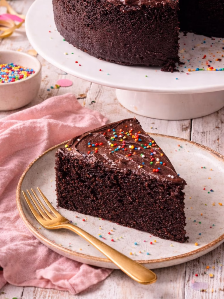 Close up of a slice of super moist chocolate birthday cake with oil topped with chocolate icing and colourful sprinkles on a plate, showing a soft, rich crumb with a fork beside it on a rustic white timber surface