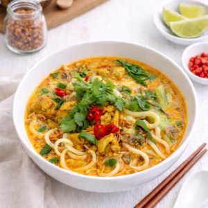 Bowl of coconut udon noodles with pan fried golden chicken in creamy curry broth, topped with coriander, chilli, and fried shallots on a white wooden surface with chopsticks and lime wedges