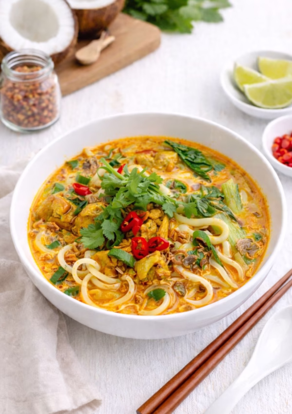 Bowl of coconut udon noodles with pan fried golden chicken in creamy curry broth, topped with coriander, chilli, and fried shallots on a white wooden surface with chopsticks and lime wedges