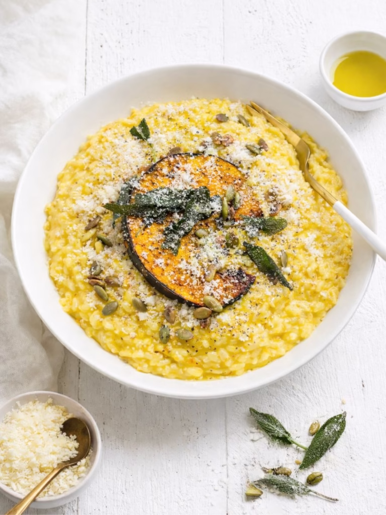 Overhead view of creamy pumpkin risotto in a white bowl topped with a roasted pumpkin wedge, crispy sage leaves, toasted pepitas, and grated parmesan on a white timber table with scattered sage and seeds.