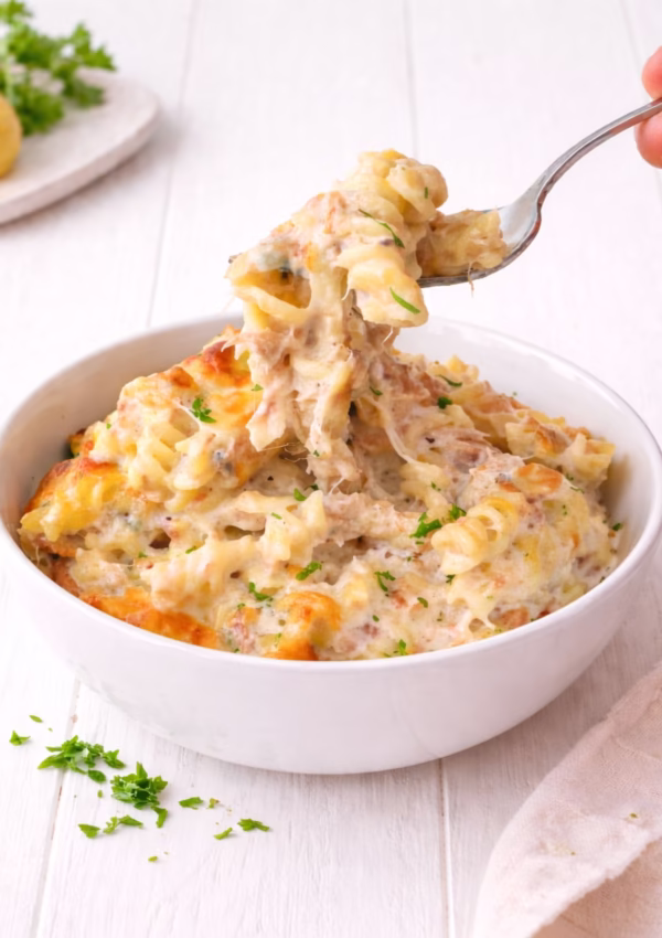 Creamy tuna pasta bake with melted cheese and parsley in a white bowl on a white timber background