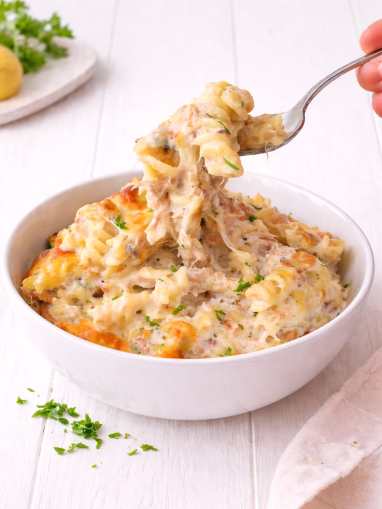 Creamy tuna pasta bake with melted cheese and parsley in a white bowl on a white timber background