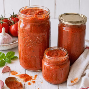 oven roasted tomato pasta sauce in jars of different sizes with a spoon and sauce spill on a white timber background with garlic, basil and tomatoes