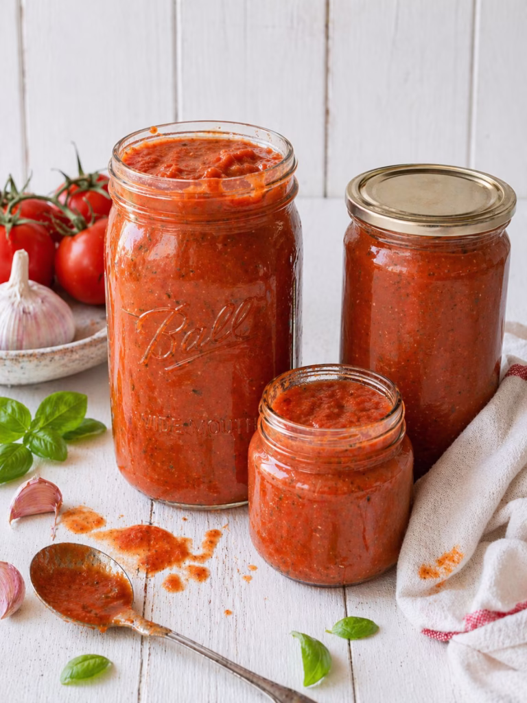 Oven roasted tomato pasta sauce in jars of different sizes with a spoon and sauce spill on a white timber background with garlic, basil and tomatoes