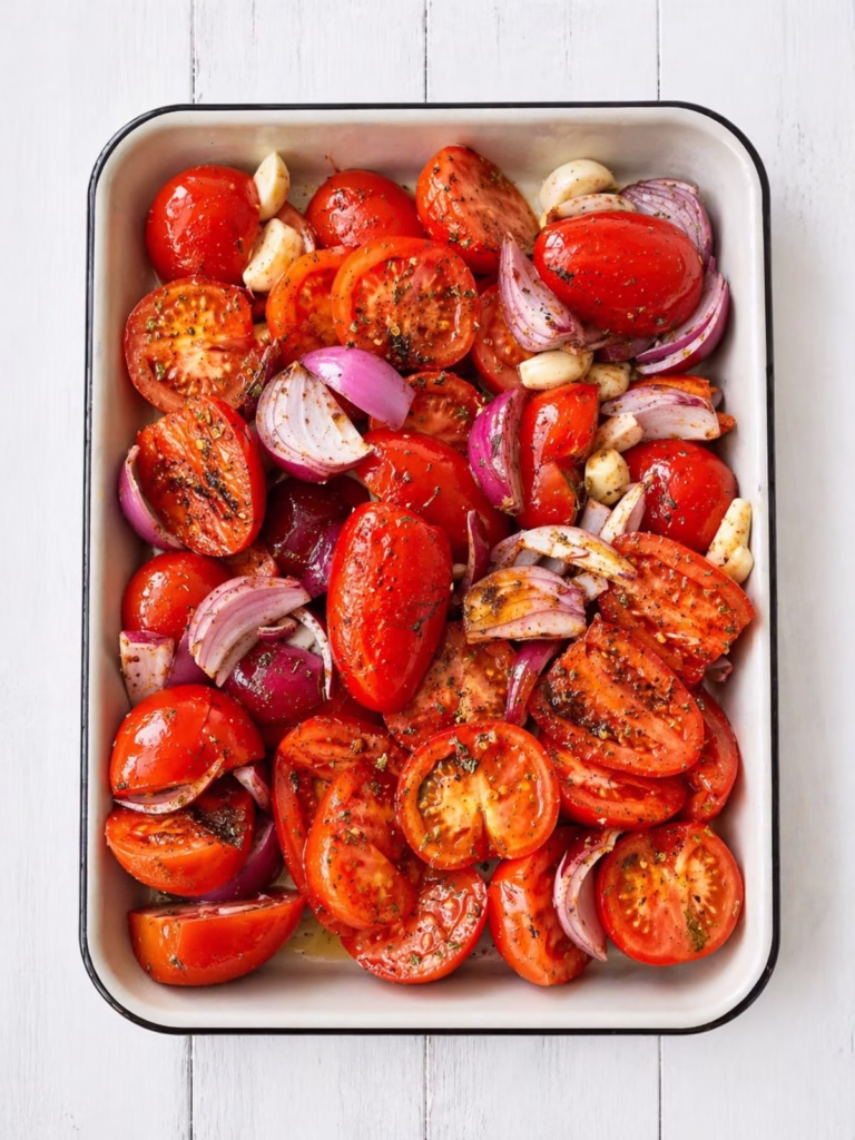 Oven roasted tomato pasta sauce with tomatoes, red onion and garlic in a baking dish before roasting