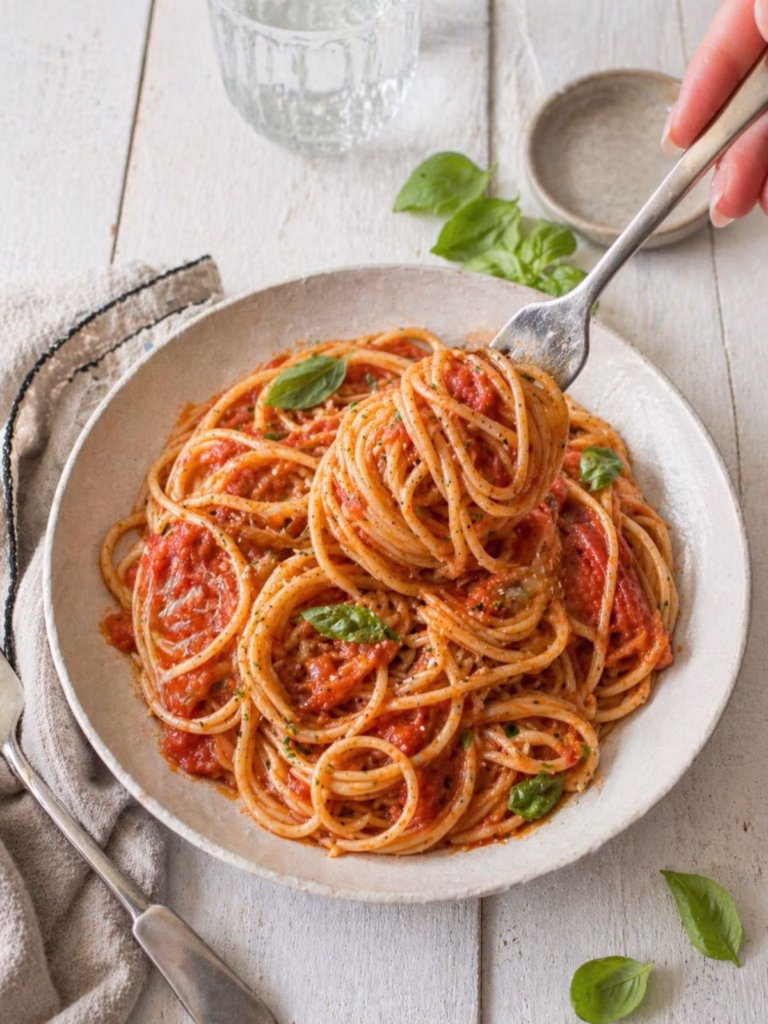 bowl of spaghetti with oven roasted tomato pasta sauce on a white timber background and a fork picking up swirled pasta.
