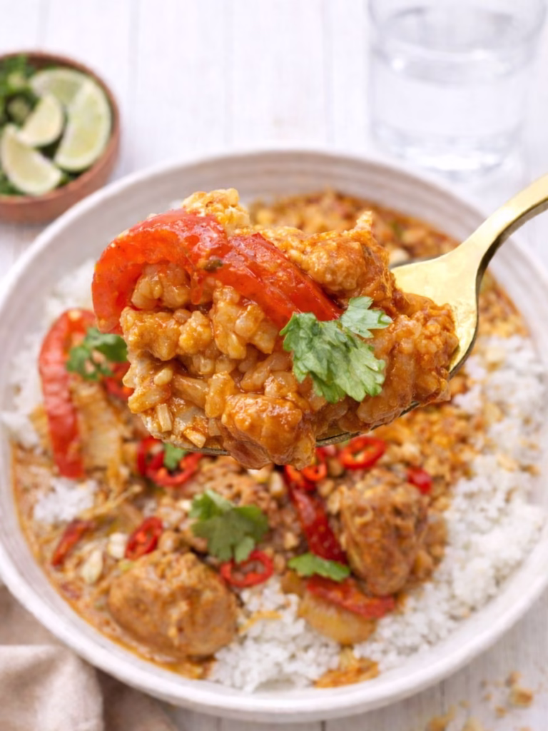 Close up of a fork lifting slow cooker satay chicken with rice and red pepper, coated in rich golden peanut sauce, with a bowl of satay chicken and a glass of water softly blurred in the background.