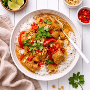 Slow cooker satay chicken served over white rice in a bowl, topped with red chilli, coriander and crushed peanuts, styled on a white timber background with lime wedges and simple props.