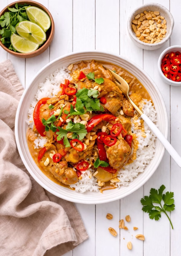 Slow cooker satay chicken served over white rice in a bowl, topped with red chilli, coriander and crushed peanuts, styled on a white timber background with lime wedges and simple props.