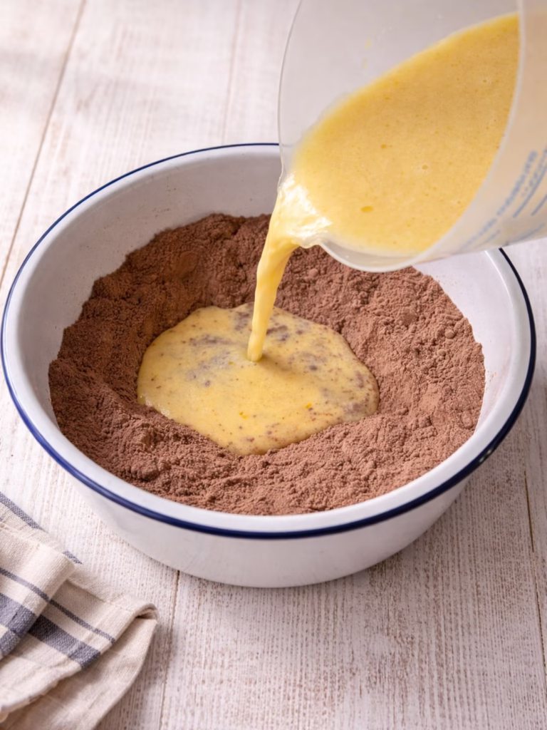 Wet ingredients being poured into dry ingredients in a white bowl to start a chocolate cake batter