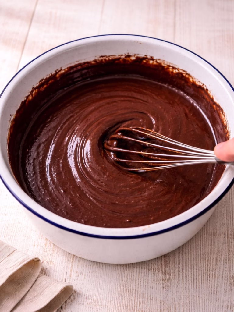 Thick chocolate cake batter being whisked in a bowl until smooth and glossy