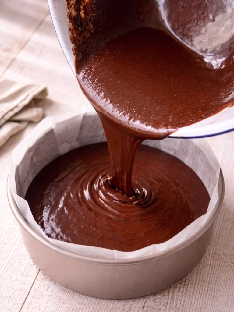 Chocolate cake batter being poured into a lined round cake tin ready for baking