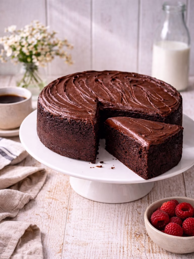 Super moist chocolate cake with oil on a white cake stand with glossy chocolate icing and a slice cut out, set on a rustic white timber table with a coffee, milk bottle, and fresh raspberries in soft natural light