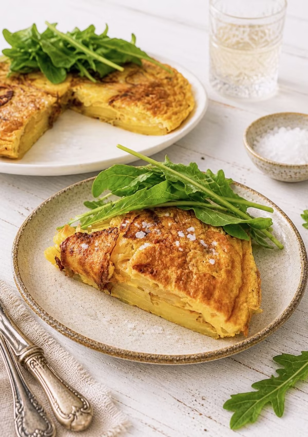 Slice of golden potato frittata on a ceramic plate with fresh rocket leaves, served on a rustic white timber table with the rest of the frittata in the background