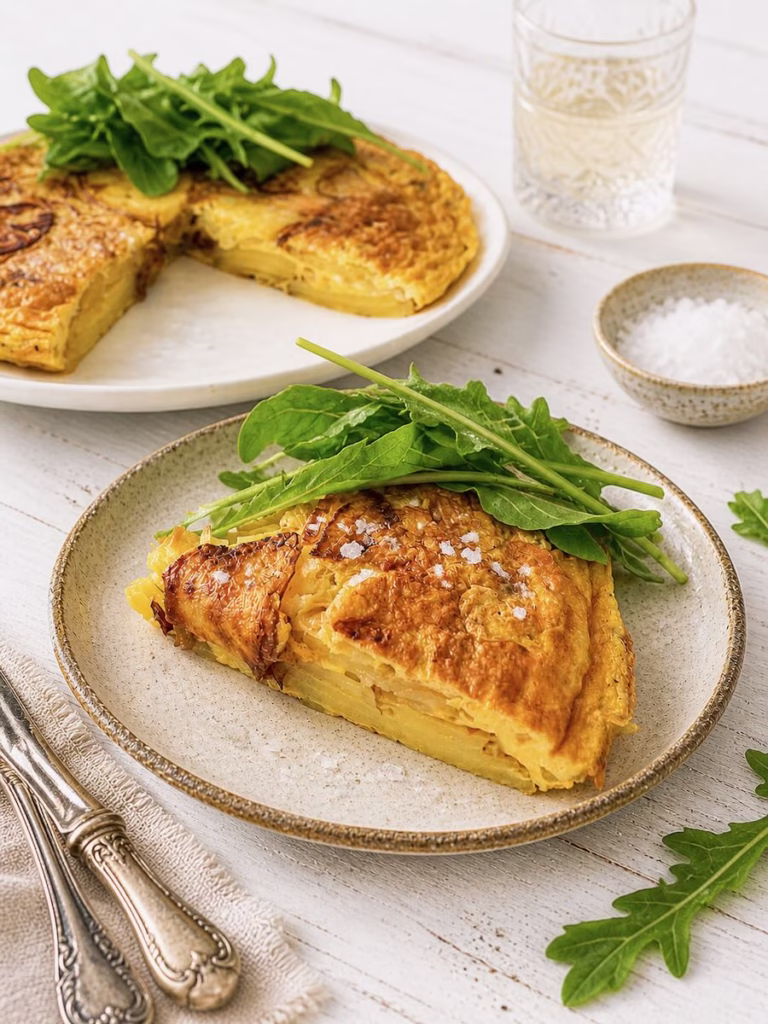 Slice of golden potato frittata on a ceramic plate with fresh rocket leaves, served on a rustic white timber table with the rest of the frittata in the background