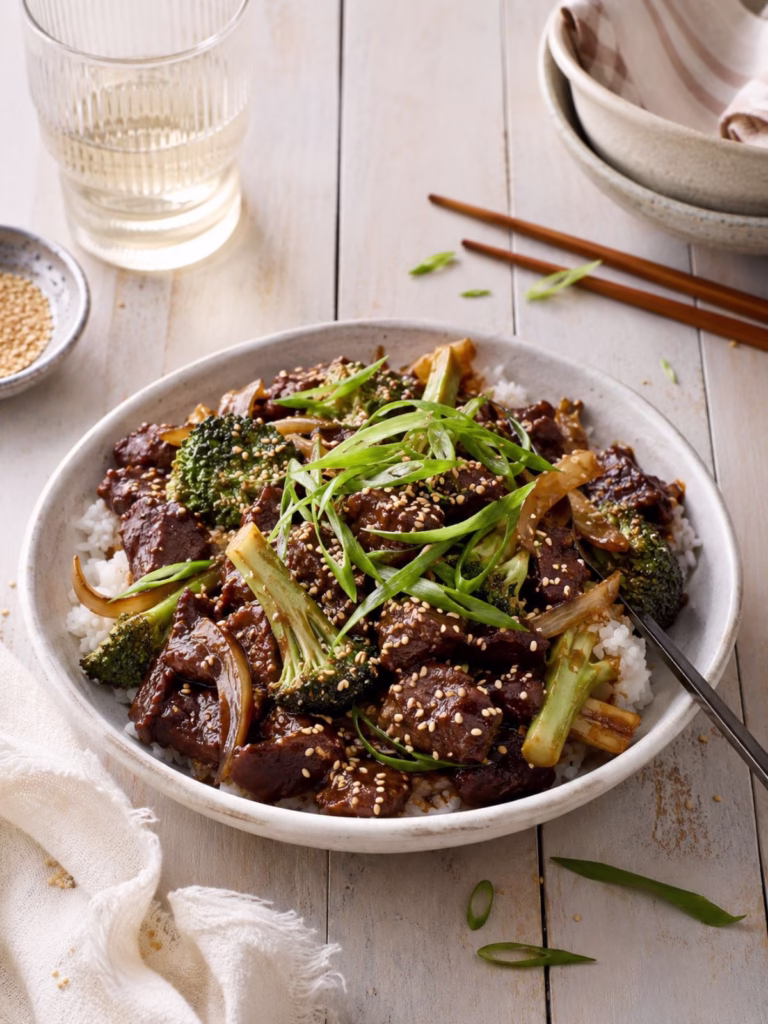 Chinese beef and broccoli stir fry served over fluffy white rice in a ceramic bowl, topped with sesame seeds and sliced spring onions. Styled on a white timber table with chopsticks