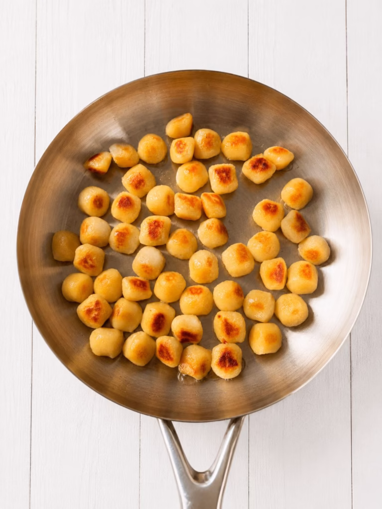 gnocchi browning in stainless steel pan. white timber background.