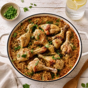 Overhead shot of French onion chicken and rice bake in a white pan on a rustic white timber table, garnished with parsley and styled with a wooden spoon, linen napkin and a jug of lemon water.