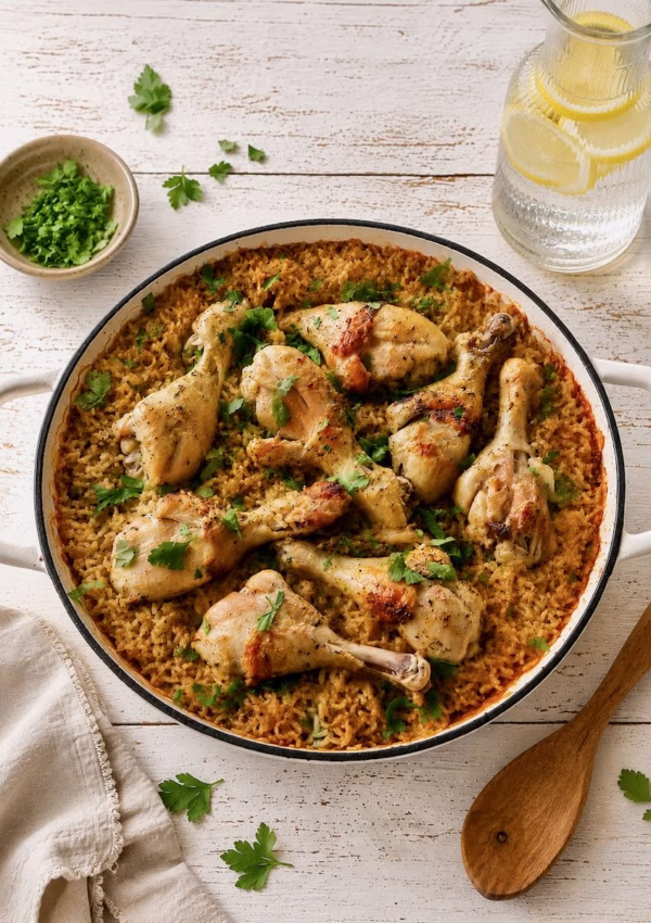 Overhead shot of French onion chicken and rice bake in a white pan on a rustic white timber table, garnished with parsley and styled with a wooden spoon, linen napkin and a jug of lemon water.