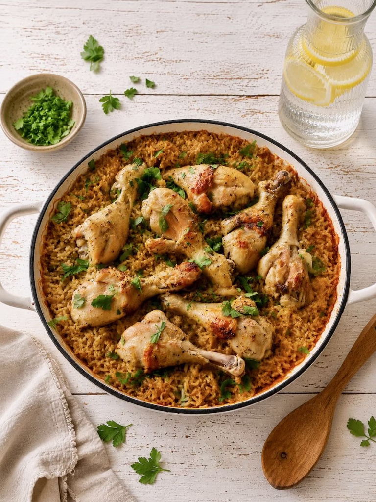 Overhead shot of French onion chicken and rice bake in a white pan on a rustic white timber table, garnished with parsley and styled with a wooden spoon, linen napkin and a jug of lemon water.