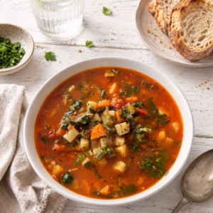Bowl of budget vegetable soup on a rustic white timber table with crusty bread, a soup spoon, linen napkin and a glass of lemon water in soft natural light.