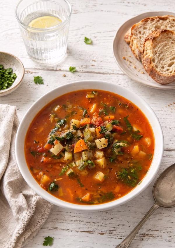 Bowl of budget vegetable soup on a rustic white timber table with crusty bread, a soup spoon, linen napkin and a glass of lemon water in soft natural light.
