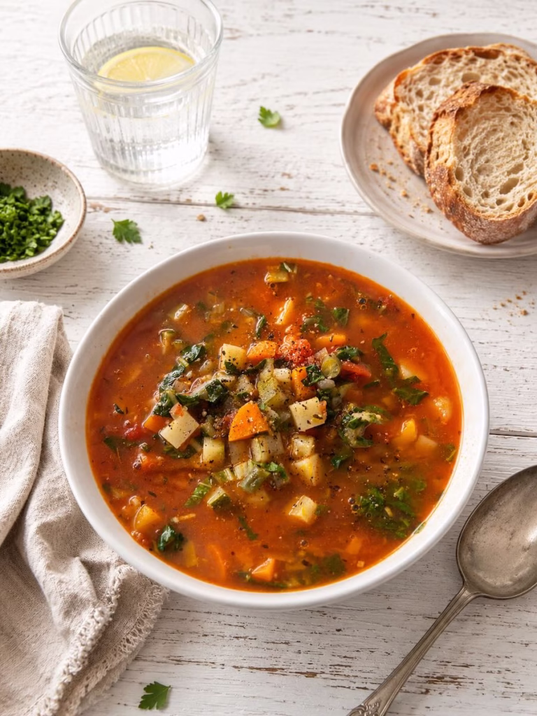 Bowl of budget vegetable soup on a rustic white timber table with crusty bread, a soup spoon, linen napkin and a glass of lemon water in soft natural light.