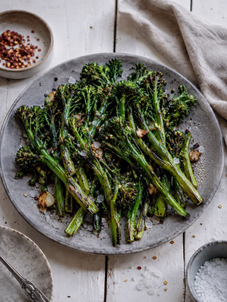Charred broccolini on a grey plate s on a white timber table.