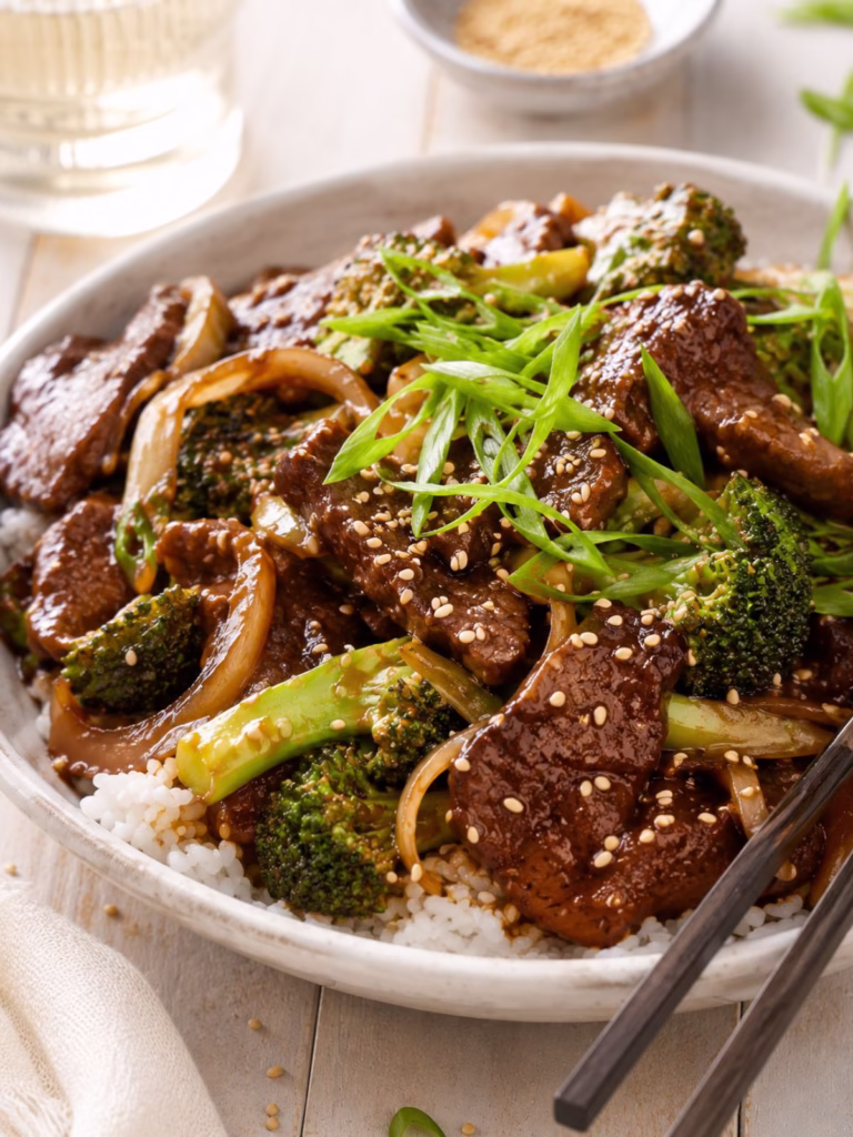 Close-up of Chinese beef and broccoli stir fry served over white rice in a ceramic bowl, topped with sesame seeds and fresh spring onions.