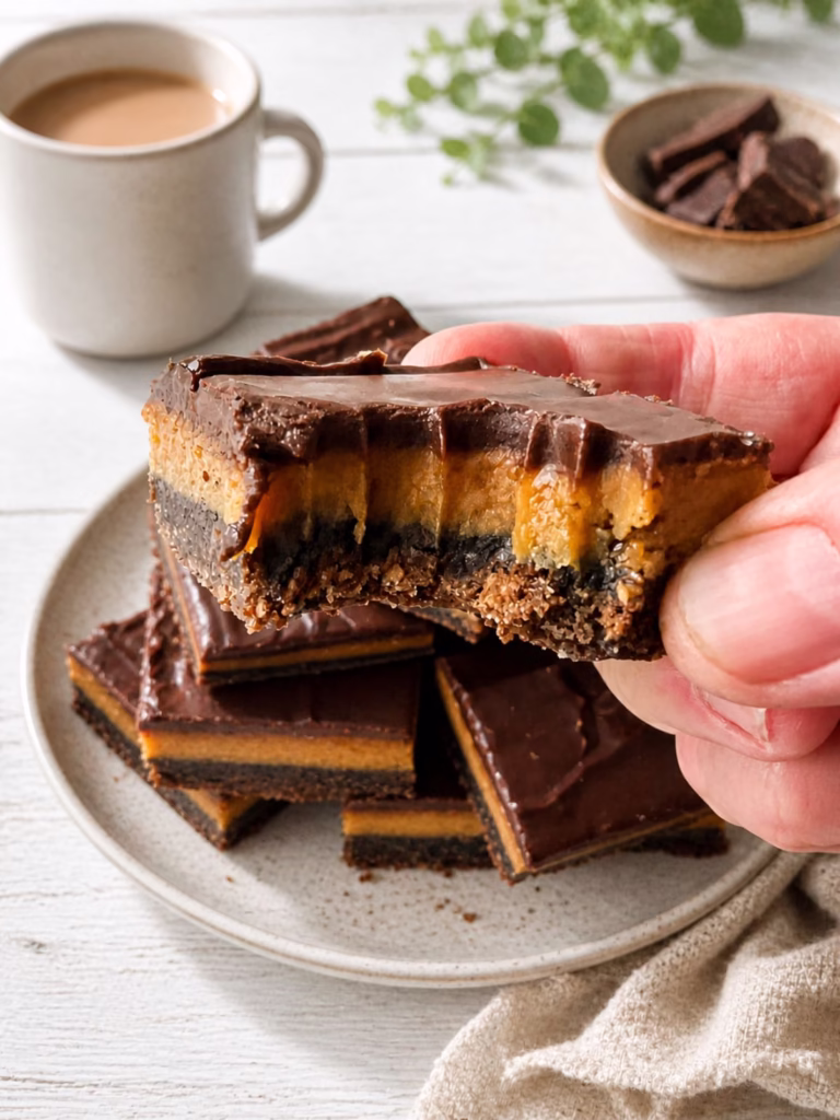 Hand holding a bitten chocolate golden syrup caramel slice showing gooey caramel layers with stacked slices, coffee, and chocolate in background