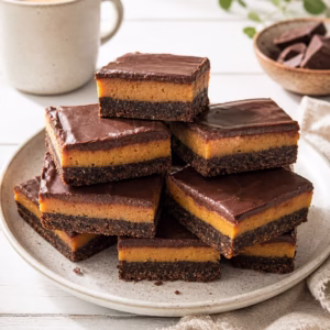 Stacked chocolate golden syrup caramel slices showing layers of cocoa base, chewy caramel, and smooth chocolate topping on white timber background