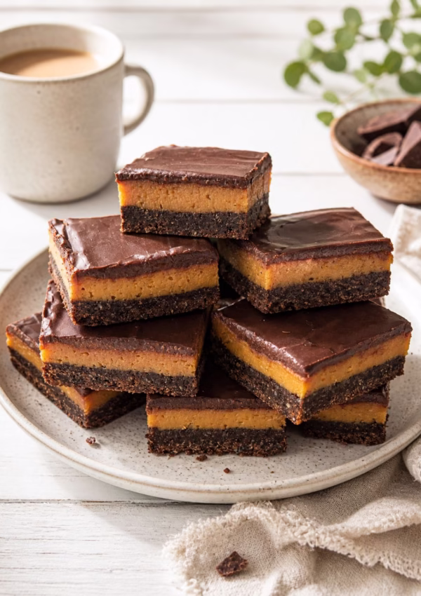 Stacked chocolate golden syrup caramel slices showing layers of cocoa base, chewy caramel, and smooth chocolate topping on white timber background