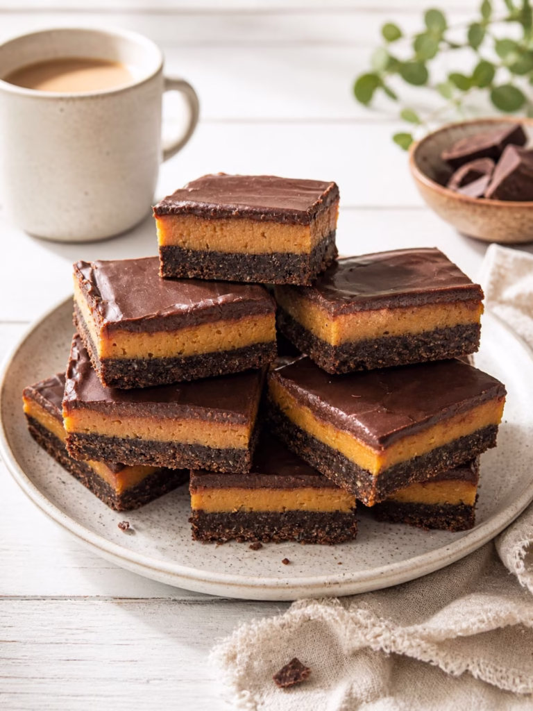 Stacked chocolate golden syrup caramel slices showing layers of cocoa base, chewy caramel, and smooth chocolate topping on white timber background