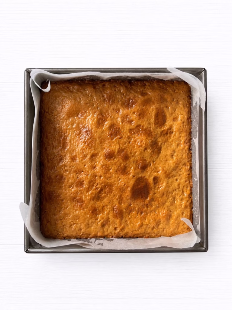 Baked golden syrup caramel layer in lined square tin showing deep golden brown colour ready for icing