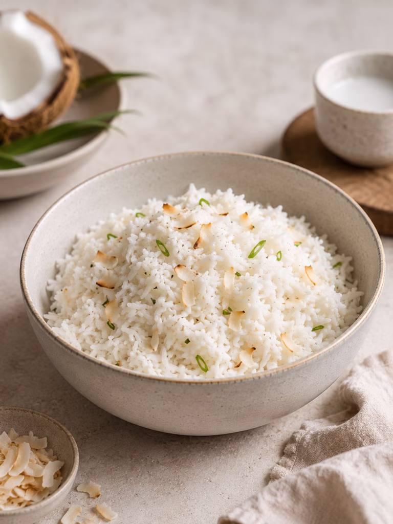 Bowl of coconut rice topped with toasted coconut flakes on a light moody background.