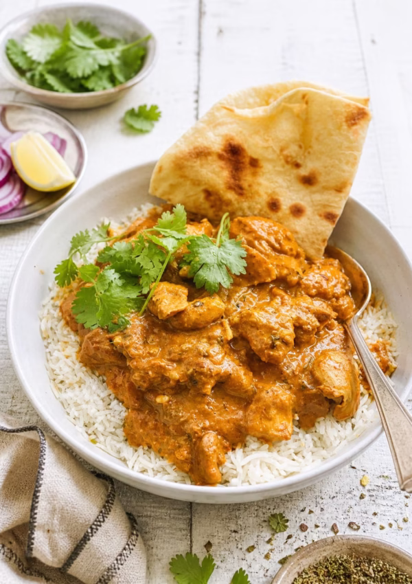 Dhaba style chicken curry served over basmati rice in a white bowl, topped with fresh coriander and naan on a white timber background