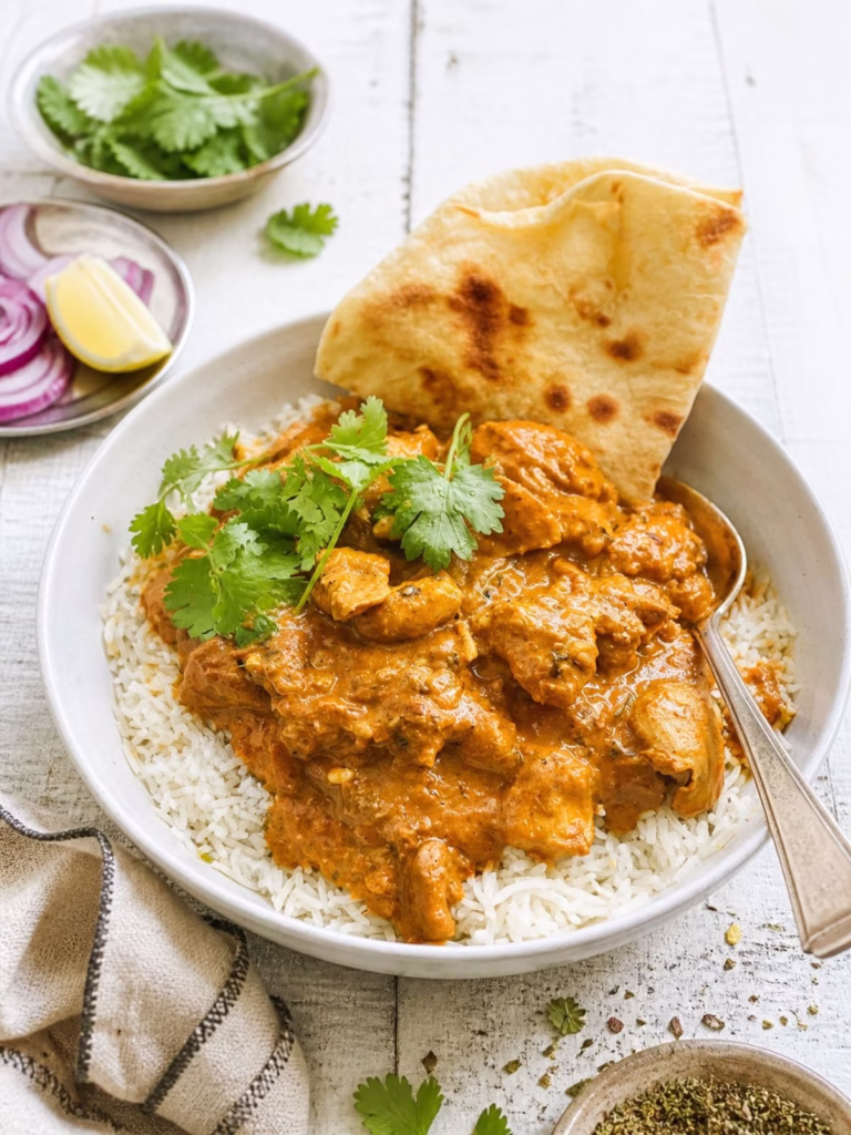Dhaba style chicken curry served over basmati rice in a white bowl, topped with fresh coriander and naan on a white timber background